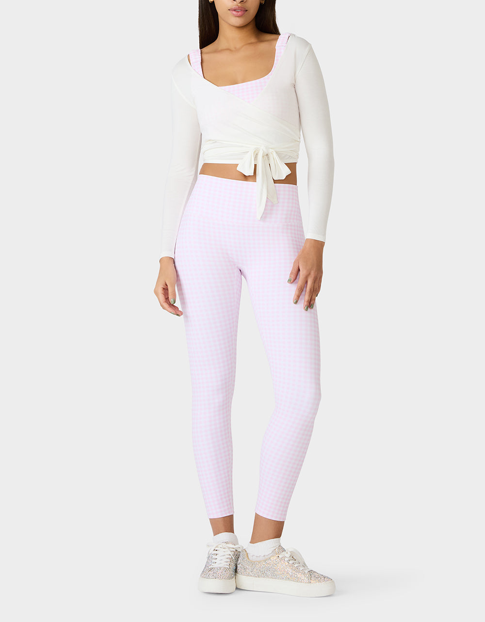 LONG SLEEVE V NECK WRAP TOP WHITE Women's White Activewear Wrap Long Sleeve Top | Betsey Johnson Special Offer