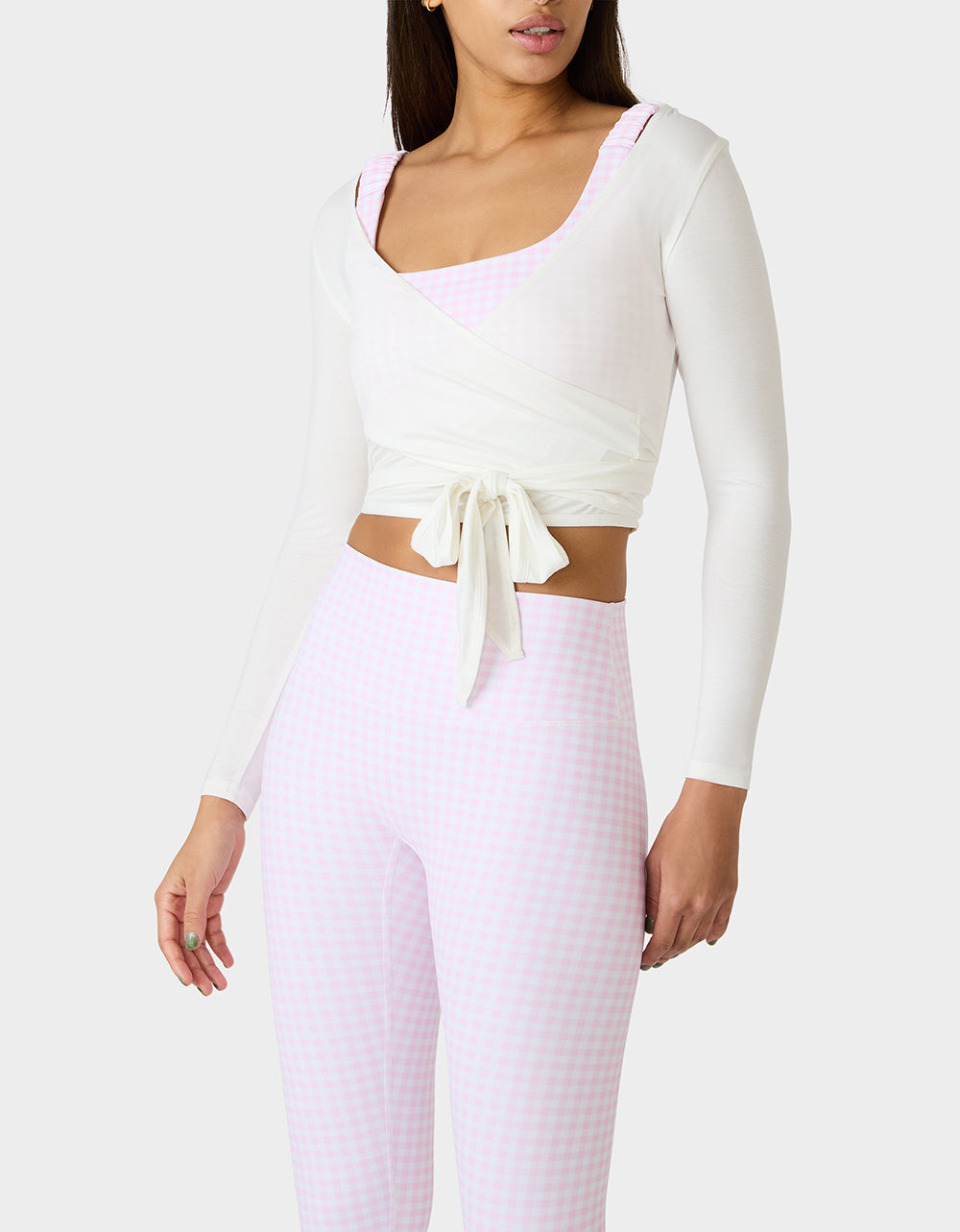 LONG SLEEVE V NECK WRAP TOP WHITE Women's White Activewear Wrap Long Sleeve Top | Betsey Johnson Special Offer