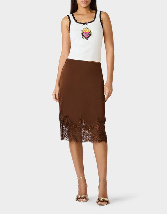 LACE SLIP SKIRT BROWN Women's Brown Midi Slip Skirt with Lace Trim | Betsey Johnson Exclusive