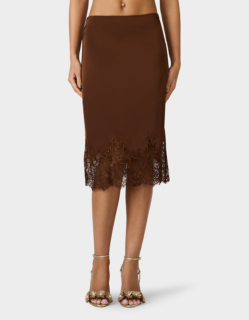 LACE SLIP SKIRT BROWN Women's Brown Midi Slip Skirt with Lace Trim | Betsey Johnson Exclusive