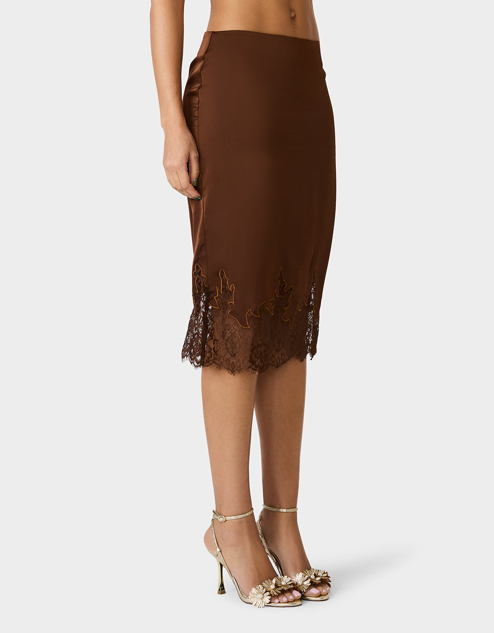 LACE SLIP SKIRT BROWN Women's Brown Midi Slip Skirt with Lace Trim | Betsey Johnson Exclusive