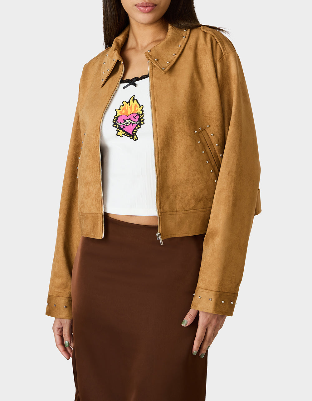 RODEO STUD JACKET CAMEL Women's Fax Suede Camel Jacket | Betsey Johnson Smart Buy