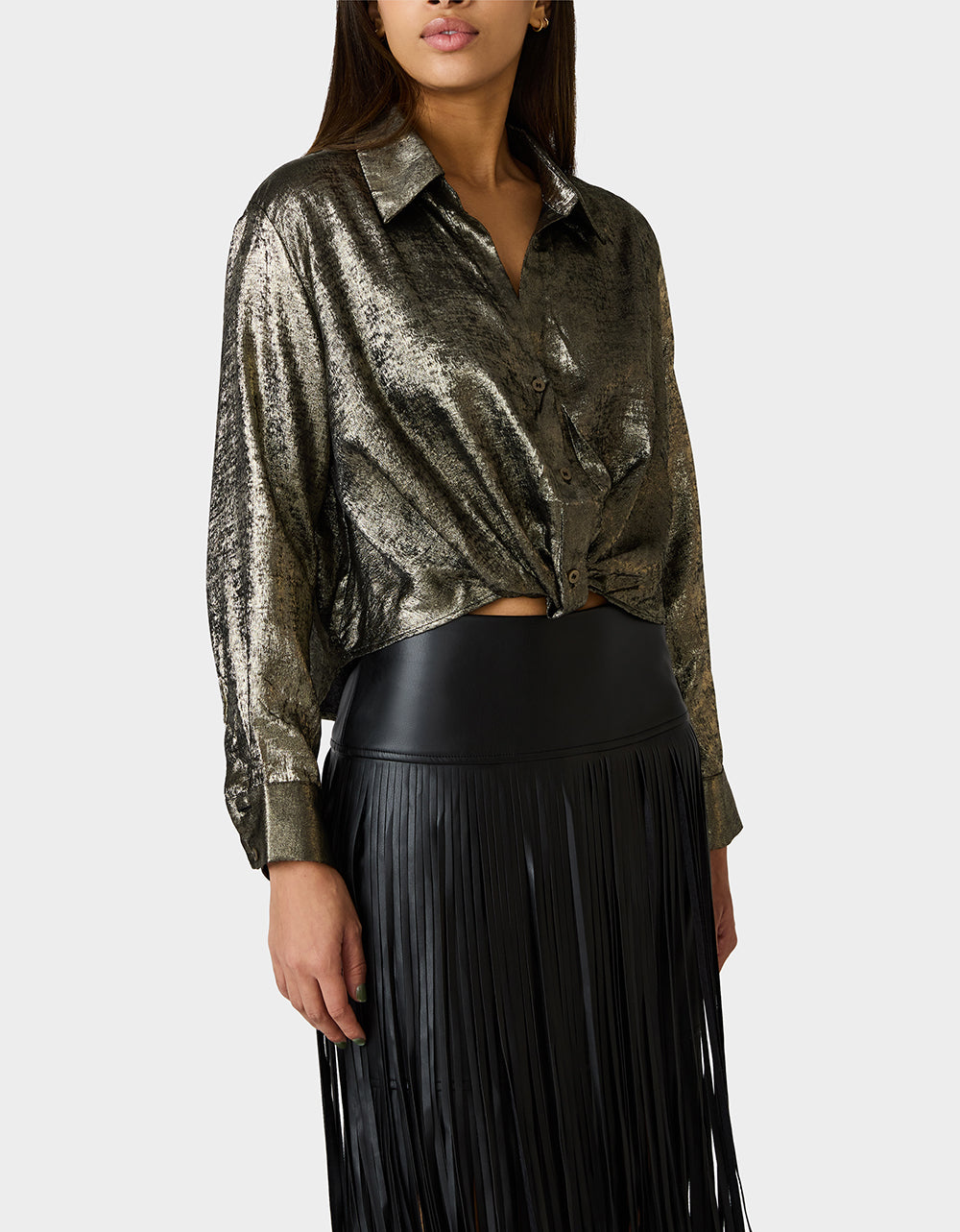 GOLD RUSH TOP BLACK/GOLD Women's Brushed Long Sleeve Button Down Top | Betsey Johnson Trusted