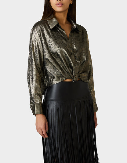 GOLD RUSH TOP BLACK/GOLD Women's Brushed Long Sleeve Button Down Top | Betsey Johnson Trusted