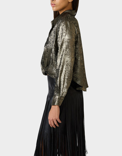 GOLD RUSH TOP BLACK/GOLD Women's Brushed Long Sleeve Button Down Top | Betsey Johnson Trusted