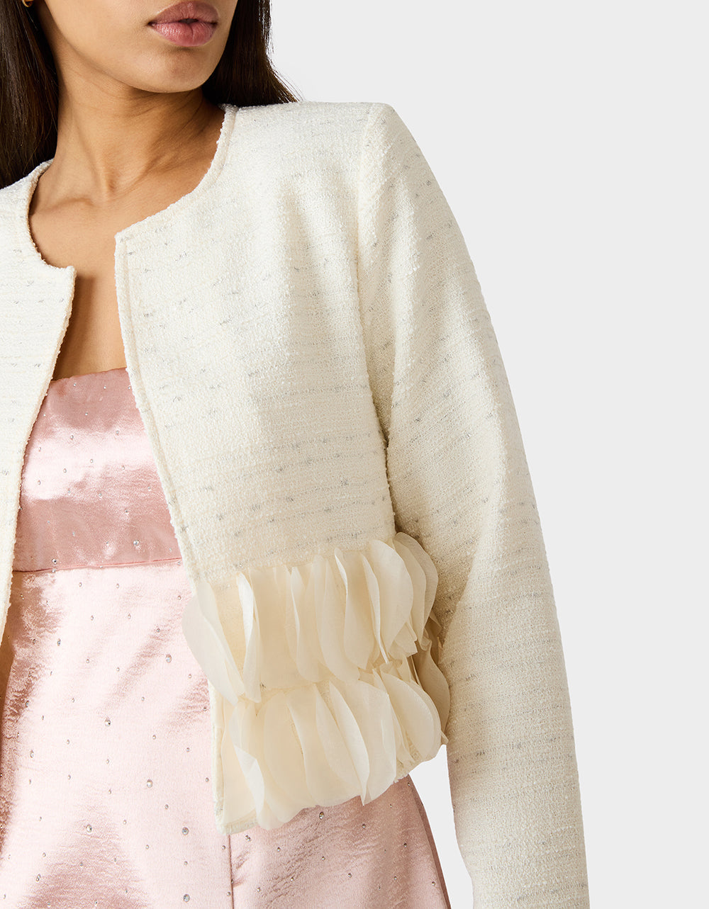 RUUFLE SOCIETY BLAZER CREAM Women's Cream Ruffle Trim Jacket | Betsey Johnson Value