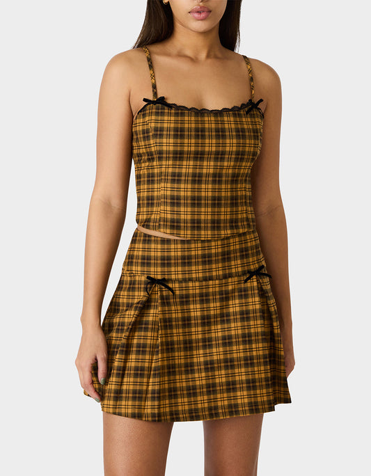RAD PLAID TOP YELLOW PLAID Women's Yellow Plaid Cami with Lace and Bow Details | Betsey Johnson Trusted