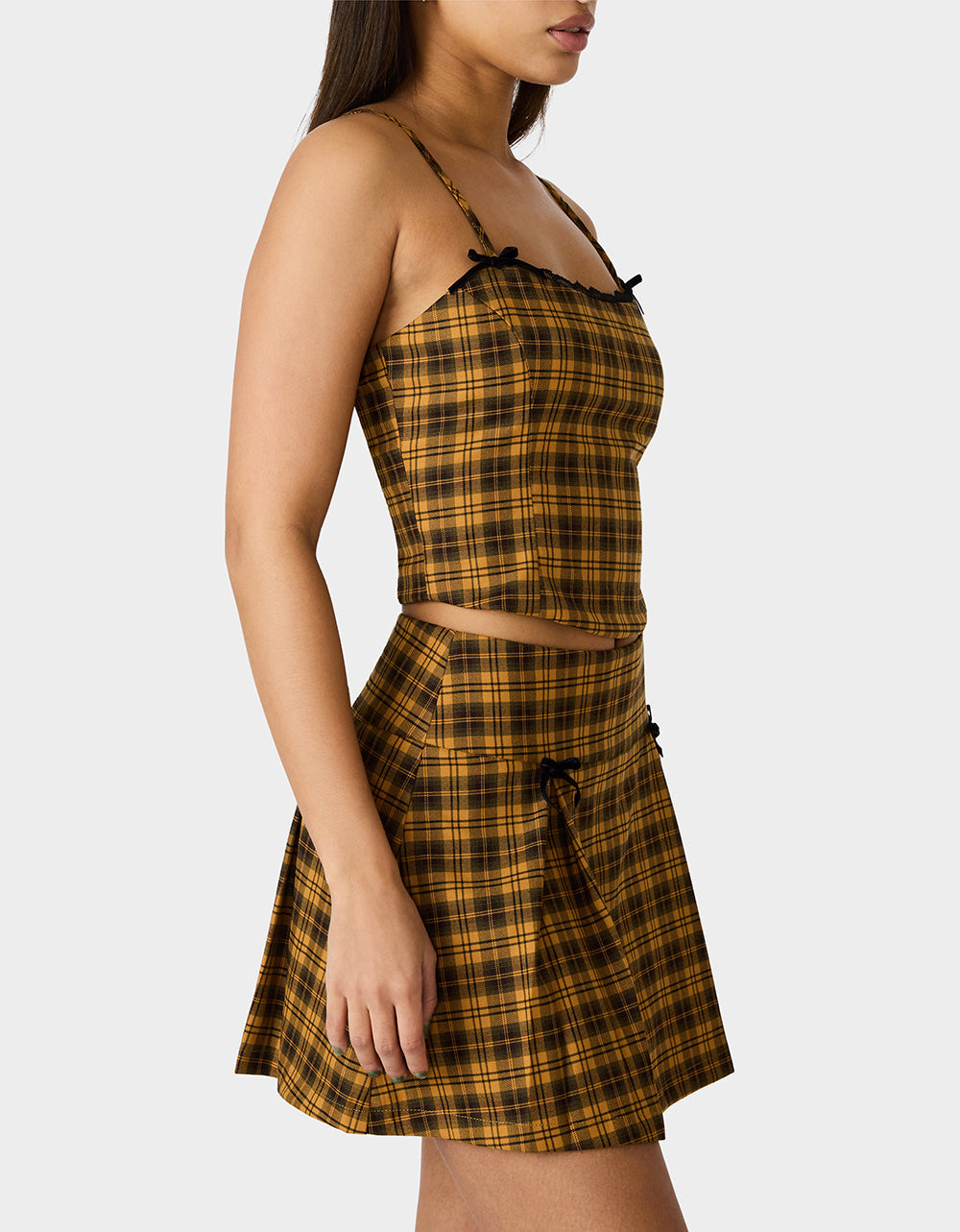 RAD PLAID TOP YELLOW PLAID Women's Yellow Plaid Cami with Lace and Bow Details | Betsey Johnson Trusted