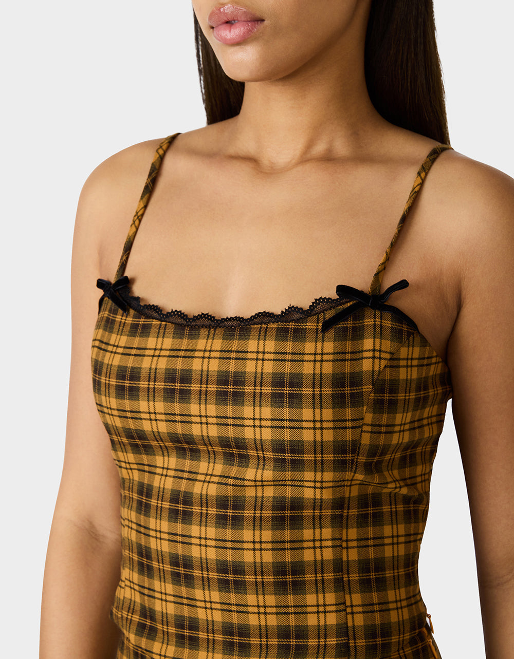 RAD PLAID TOP YELLOW PLAID Women's Yellow Plaid Cami with Lace and Bow Details | Betsey Johnson Trusted