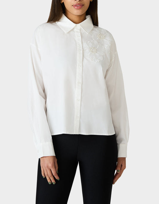BETSEY BLOOM SHIRT OFF WHITE Button-Down Collar Floral Long-Sleeve Shirt | Betsey Johnson Premium