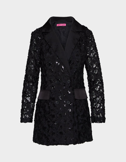 ROSETTE BLAZER DRESS BLACK Women's Black Blazer Dress with Rose Sequin Details | Betsey Johnson Special Offer