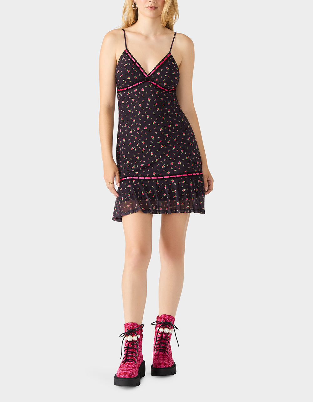 ROSEBUD SLIP DRESS BLACK Women's Floral Print Mini Slip Dress | Betsey Johnson Sale