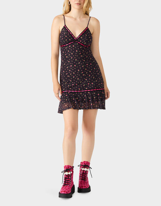 ROSEBUD SLIP DRESS BLACK Women's Floral Print Mini Slip Dress | Betsey Johnson Sale