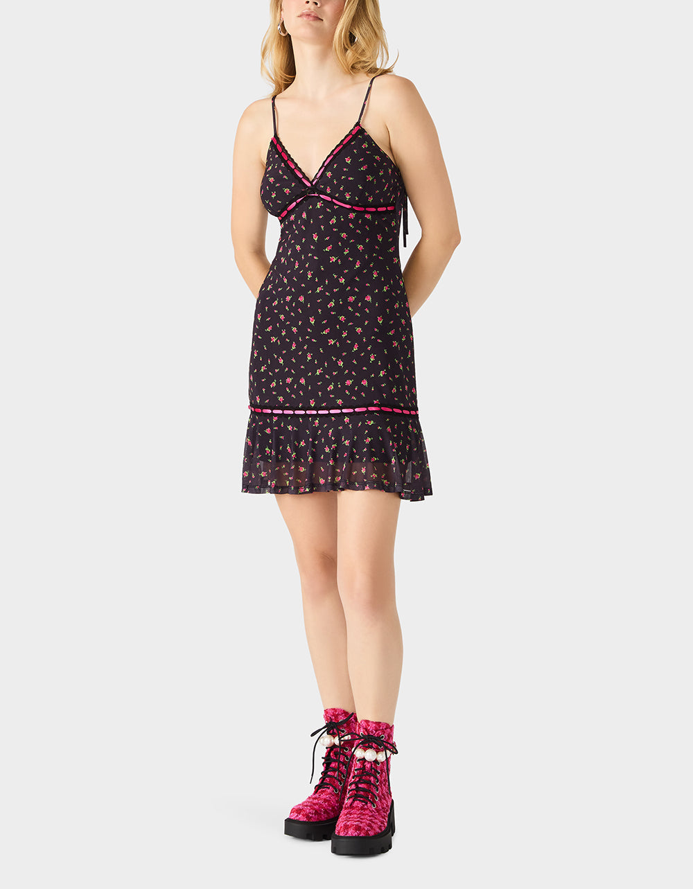 ROSEBUD SLIP DRESS BLACK Women's Floral Print Mini Slip Dress | Betsey Johnson Sale