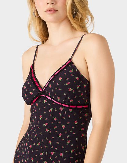 ROSEBUD SLIP DRESS BLACK Women's Floral Print Mini Slip Dress | Betsey Johnson Sale