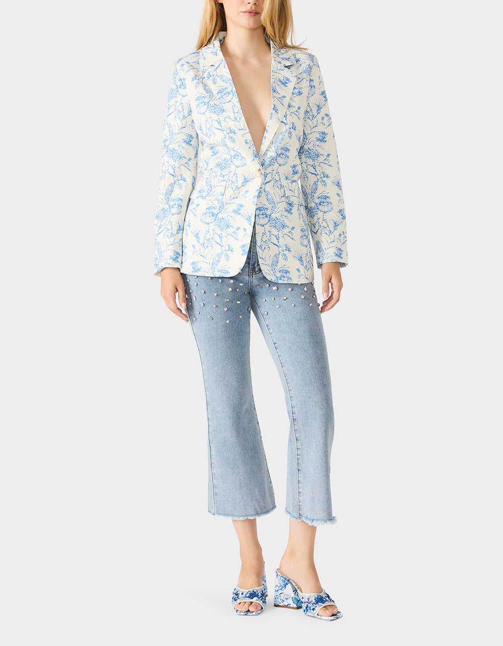 BOYFRIEND BLUE FLORAL BLAZER BLUE Women's Long-Sleeved Floral Print Blazer Jacket | Betsey Johnson Discount