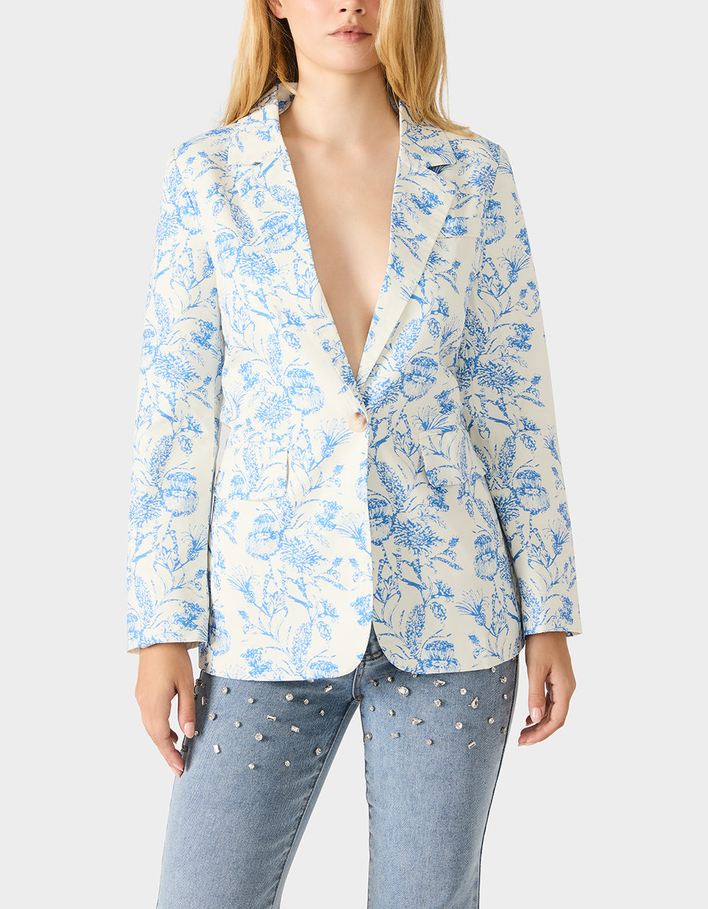 BOYFRIEND BLUE FLORAL BLAZER BLUE Women's Long-Sleeved Floral Print Blazer Jacket | Betsey Johnson Discount