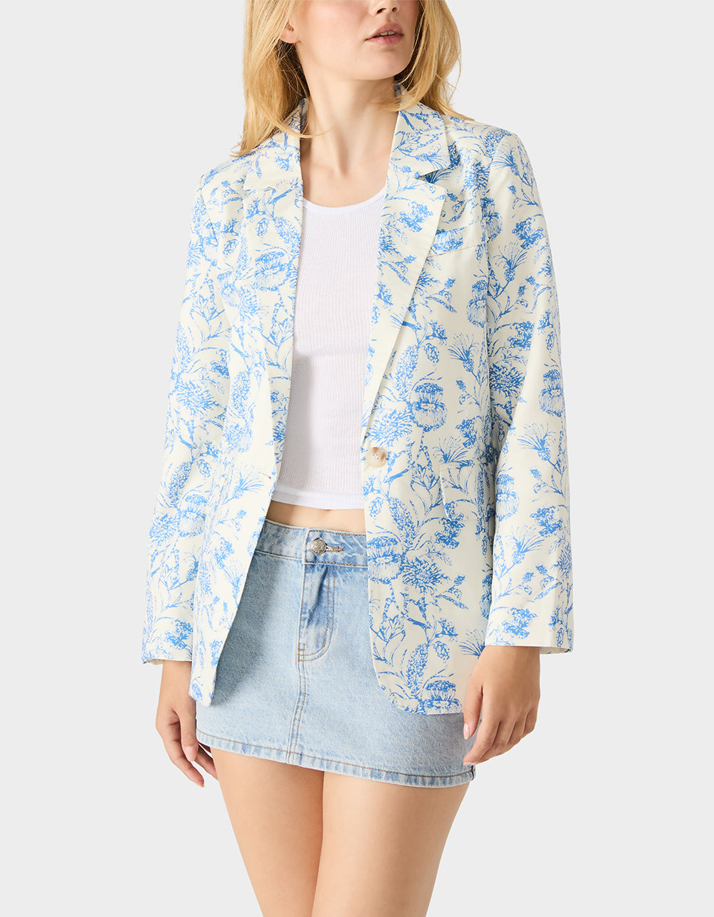 BOYFRIEND BLUE FLORAL BLAZER BLUE Women's Long-Sleeved Floral Print Blazer Jacket | Betsey Johnson Discount