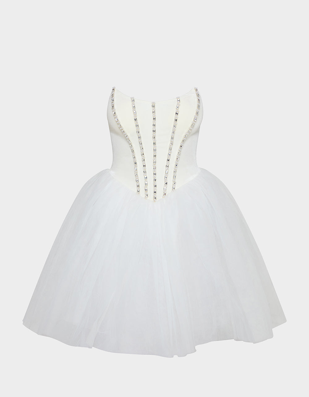 SHEER BALLERINA DRESS WHITE Women's Strapless Rhinestone Embellished Tulle Mini Dress | Betsey Johnson Special Offer