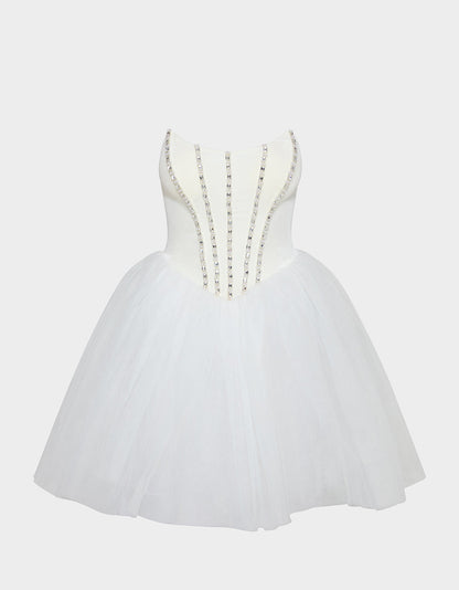 SHEER BALLERINA DRESS WHITE Women's Strapless Rhinestone Embellished Tulle Mini Dress | Betsey Johnson Special Offer