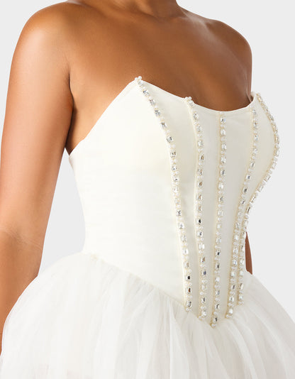 SHEER BALLERINA DRESS WHITE Women's Strapless Rhinestone Embellished Tulle Mini Dress | Betsey Johnson Special Offer