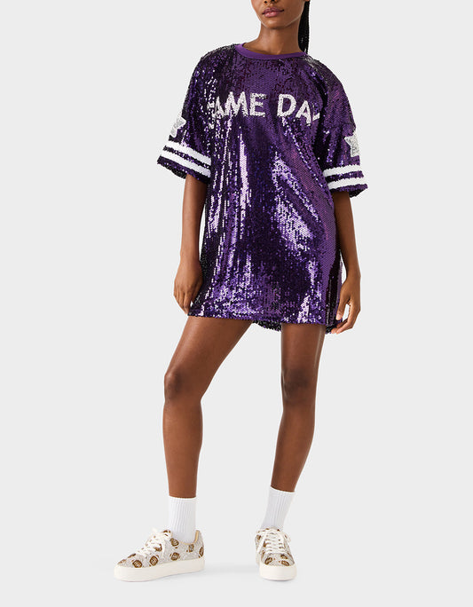GAME DAY JERSEY SEQUIN DRESS PURPLE Women's Sequin Short-Sleeved Dress | Betsey Johnson Discount