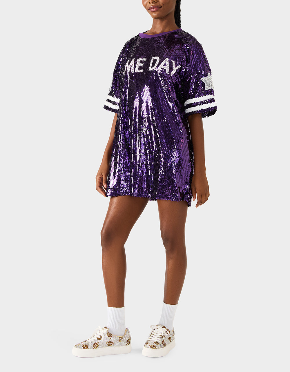 GAME DAY JERSEY SEQUIN DRESS PURPLE Women's Sequin Short-Sleeved Dress | Betsey Johnson Discount