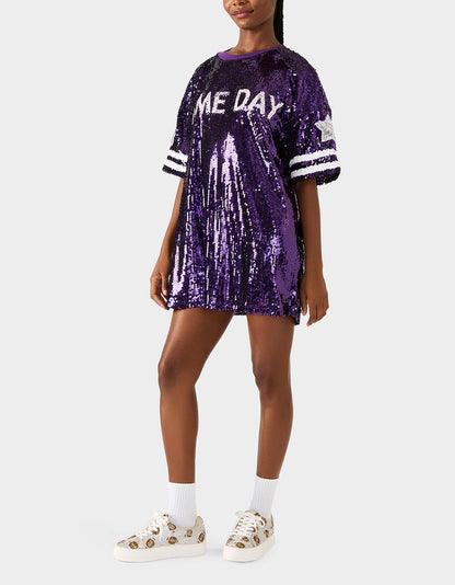 GAME DAY JERSEY SEQUIN DRESS PURPLE Women's Sequin Short-Sleeved Dress | Betsey Johnson Discount