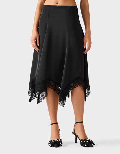 LACE SLIP MIDI SKIRT BLACK Women's Black Lace Midi Skirt | Betsey Johnson Smart Buy