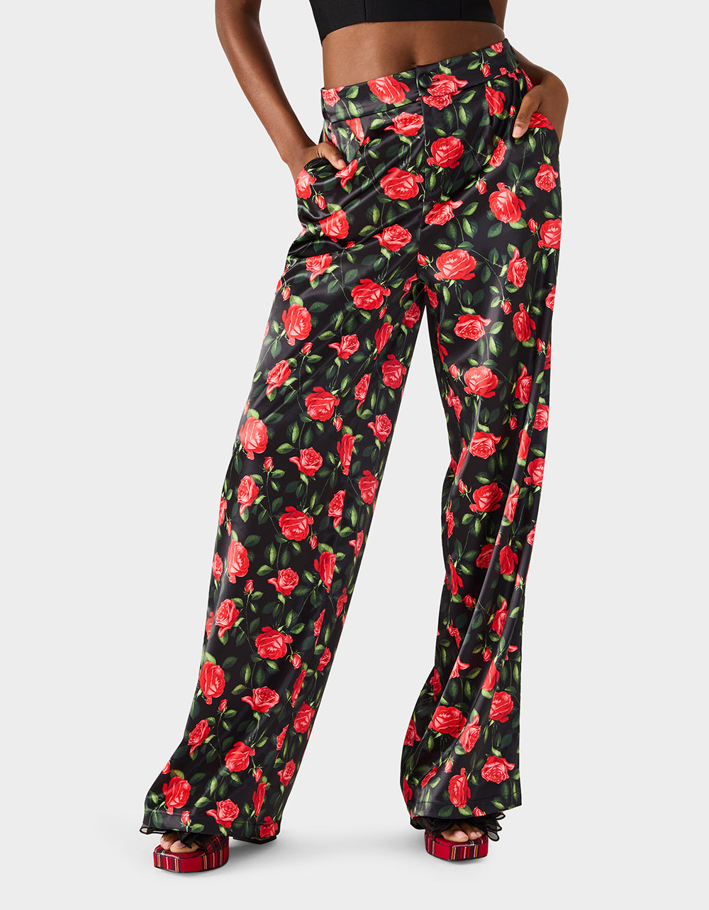 POWER BLOOM PANT BLACK Women's Black Red Floral Pant | Betsey Johnson Featured