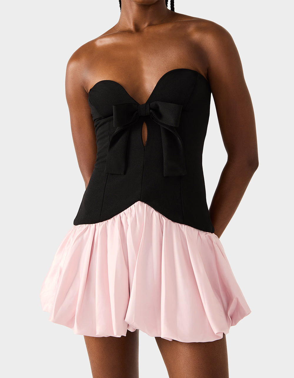 BETSEY'S BOW DRESS BLACK MULTI Women's Strapless Black and Pink Mini Dress | Betsey Johnson Featured