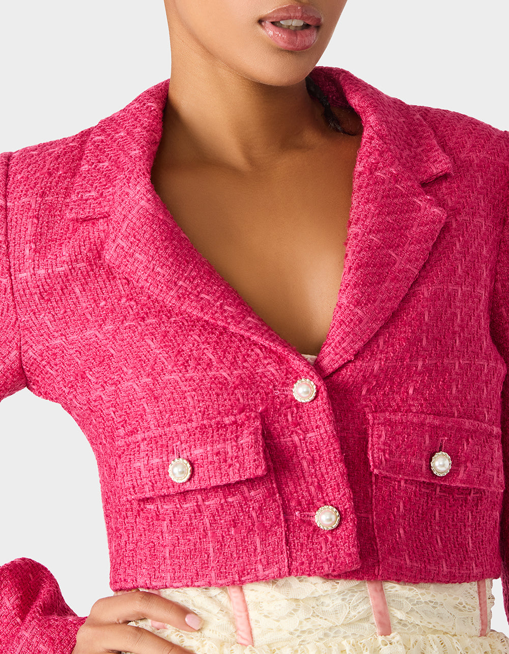 TWEED CROPPED BLAZER HOT PINK Women"s Long-Sleeved Cropped Button-Up Jacket | Betsey Johnson Best Price