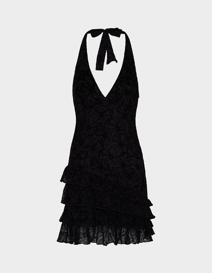DARK DAHLIA DRESS BLACK Women's Halter Ruffle Mini Dress Black | Betsey Johnson Sale