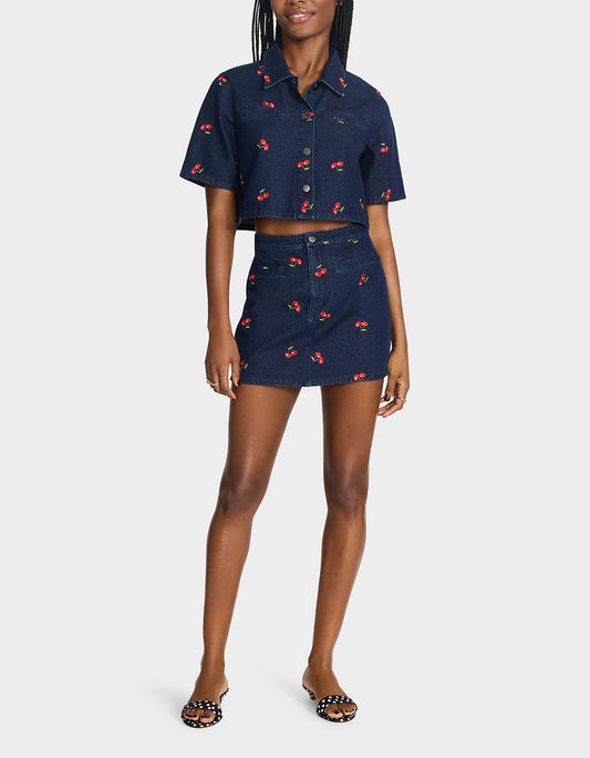 CHERRY ON TOP SHIRT DENIM Women's Button-Up Denim Top | Betsey Johnson Trending