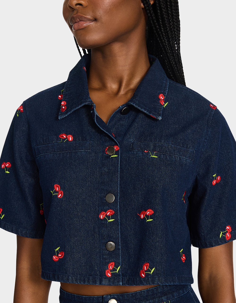 CHERRY ON TOP SHIRT DENIM Women's Button-Up Denim Top | Betsey Johnson Trending