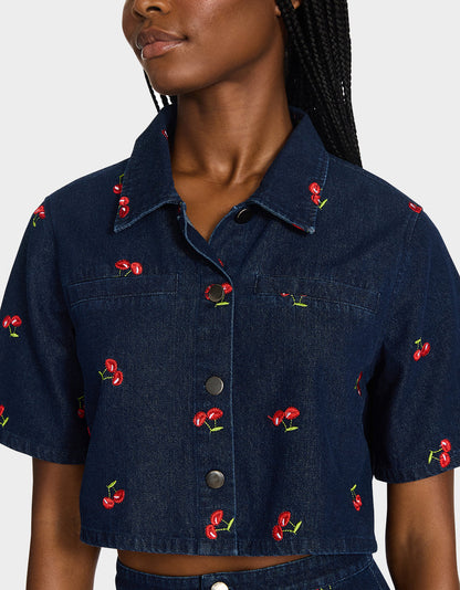 CHERRY ON TOP SHIRT DENIM Women's Button-Up Denim Top | Betsey Johnson Trending