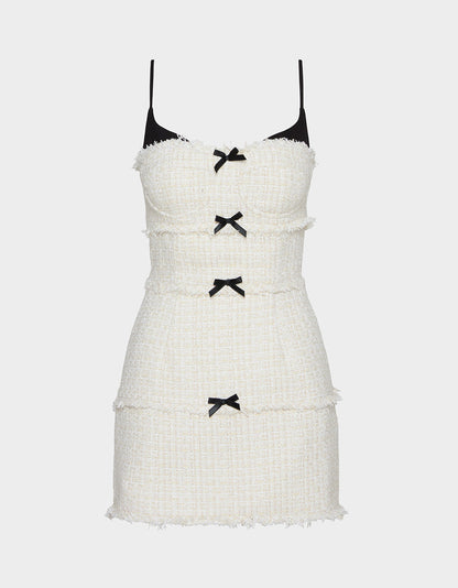 TWEED COMBO DRESS OFF WHITE Women's Tweed Bow Mini Dress | Betsey Johnson Exclusive