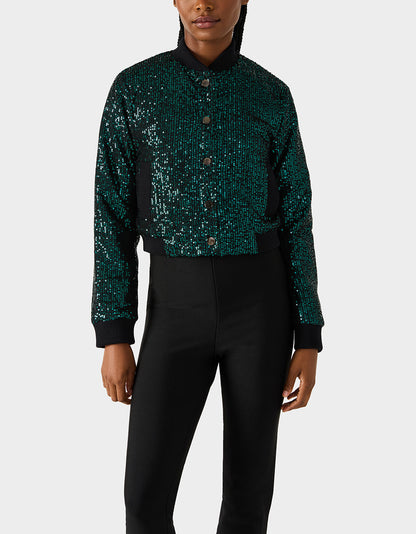 GLITTERATI BOMBER JACKET EMERALD GREEN Women's Green Sequin Bomber Jacket | Betsey Johnson Customer Favorite