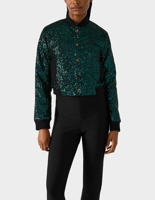 GLITTERATI BOMBER JACKET EMERALD GREEN Women's Green Sequin Bomber Jacket | Betsey Johnson Customer Favorite