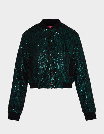 GLITTERATI BOMBER JACKET EMERALD GREEN Women's Green Sequin Bomber Jacket | Betsey Johnson Customer Favorite