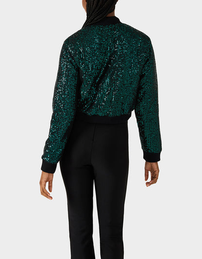 GLITTERATI BOMBER JACKET EMERALD GREEN Women's Green Sequin Bomber Jacket | Betsey Johnson Customer Favorite