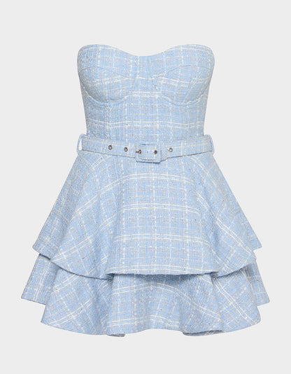 BELTED TWEED DRESS LIGHT BLUE Women's Strapless Croset Dress | Betsey Johnson Value