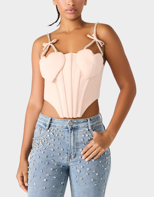 HEART BUSTIER BLUSH Women's Bustier Cropped Corset Bow Top | Betsey Johnson Sale