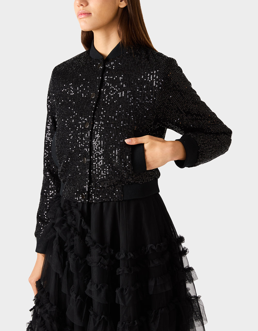 GLITTERATI BOMBER JACKET BLACK SEQUIN Women's Black Sequin Bomber Jacket | Betsey Johnson Best Price