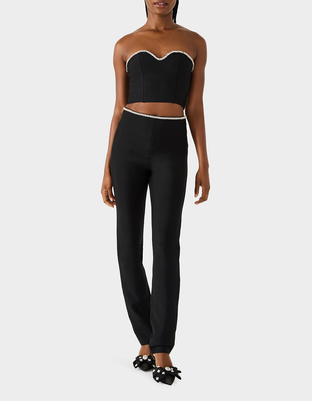 JEWELED SET BLACK Women's Black Crop Top and Pant Rhinestone Set | Betsey Johnson Quality