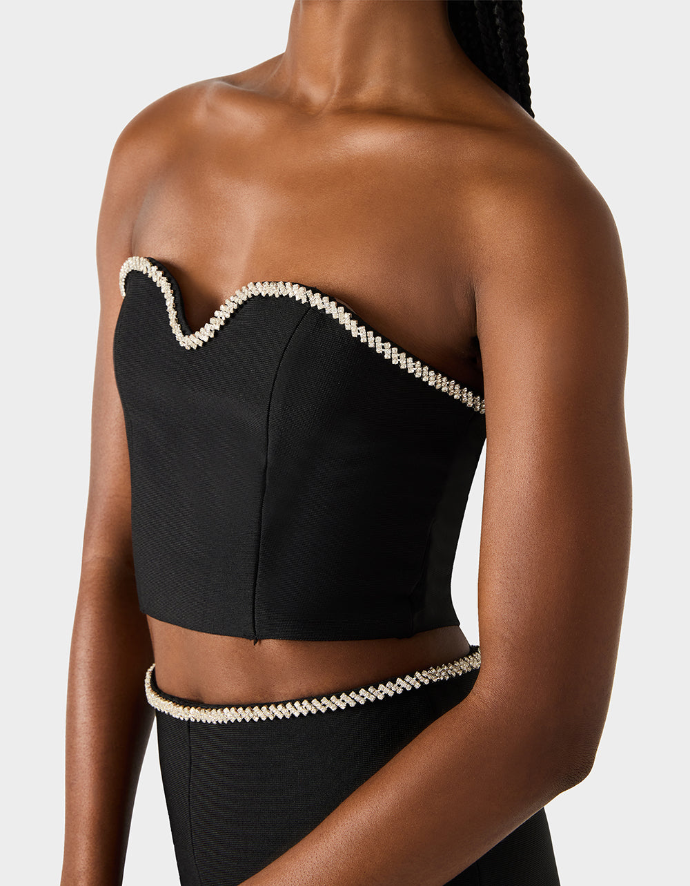 JEWELED SET BLACK Women's Black Crop Top and Pant Rhinestone Set | Betsey Johnson Quality