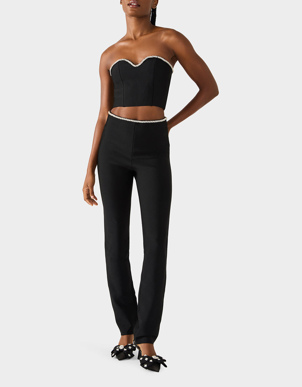 JEWELED SET BLACK Women's Black Crop Top and Pant Rhinestone Set | Betsey Johnson Quality