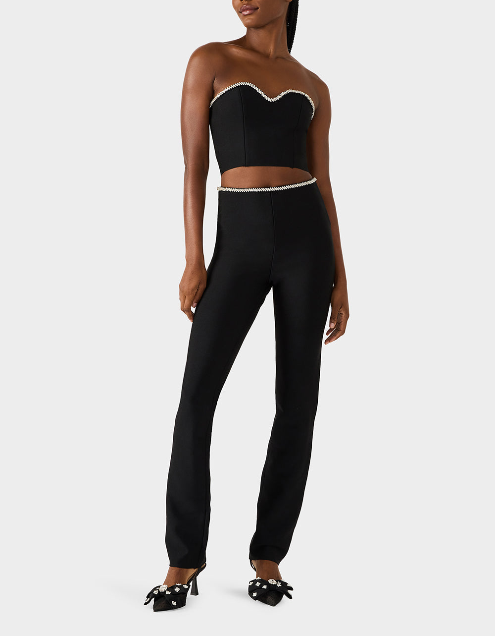 JEWELED SET BLACK Women's Black Crop Top and Pant Rhinestone Set | Betsey Johnson Quality