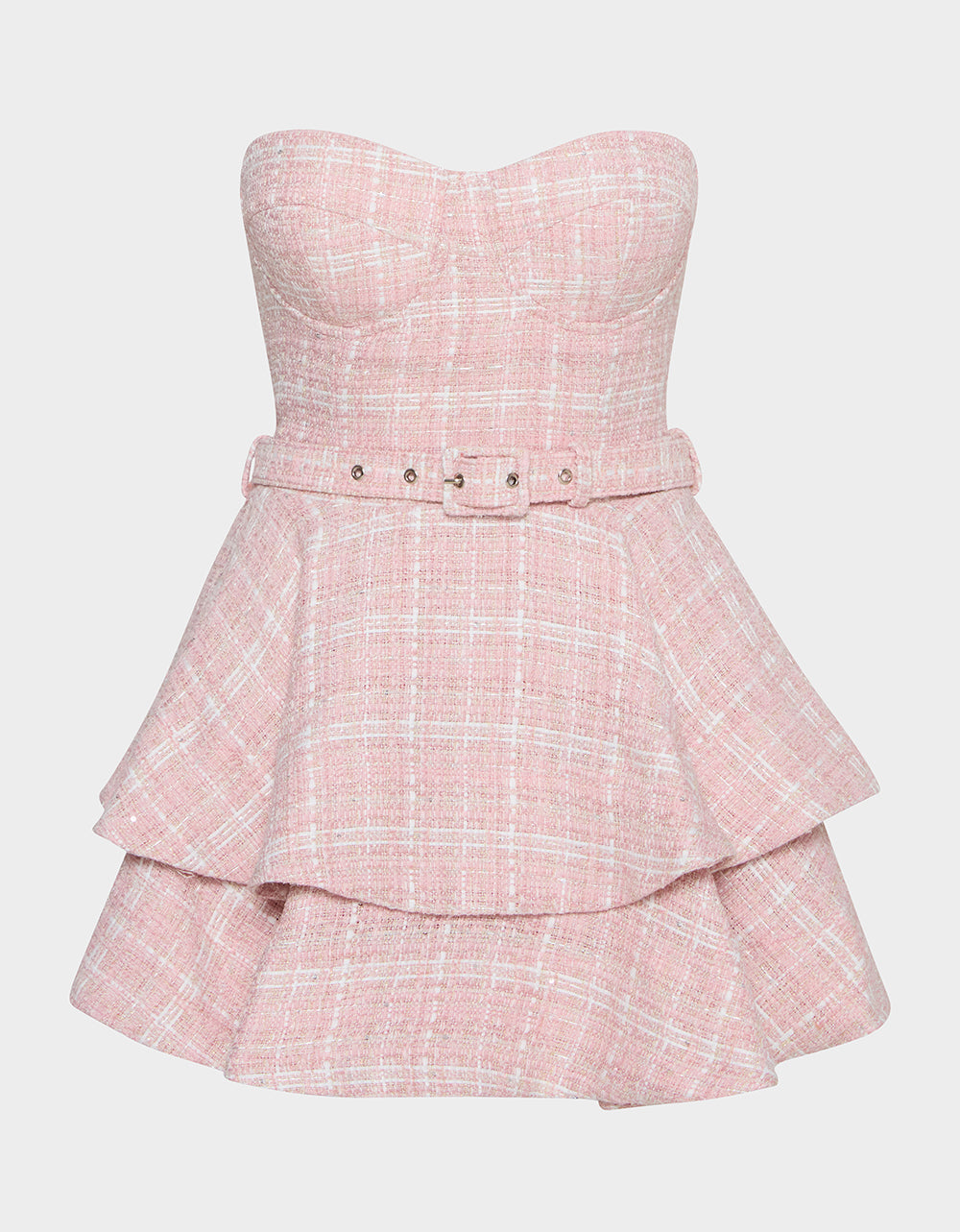 BELTED TWEED DRESS POWDER PINK Women's Strapless Croset Dress | Betsey Johnson Value