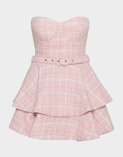 BELTED TWEED DRESS POWDER PINK Women's Strapless Croset Dress | Betsey Johnson Value